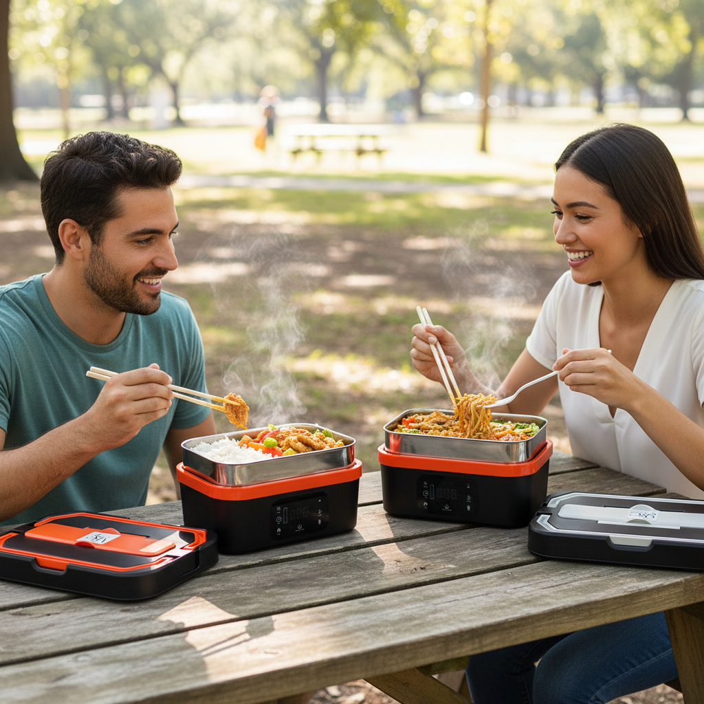 Verde Combo HeatFlow Cordless Bento - two people sharing lunch at sunny park